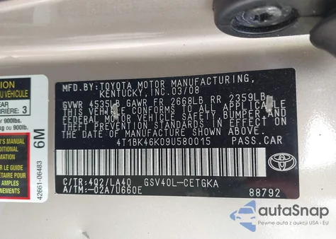 2009 Toyota Camry Xle V6 from USA, damaged, VIN 4T1BK46K09U580015